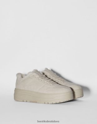 Bershka ženy tenisky na platforme s detailom z umelej kožušiny ecru obuv B86RXX2121 Bershka Nohavice