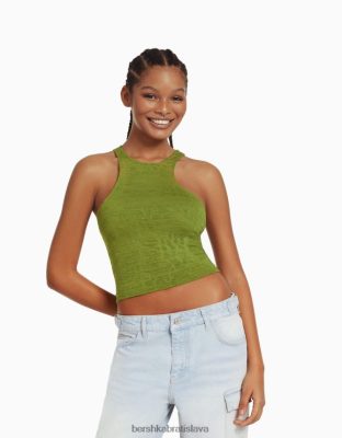 Bershka ženy textúrované racerneck tričko bez rukávov kaki oblečenie B86RXX375 Bershka Nohavice