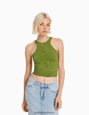 Bershka ženy textúrované racerneck tričko bez rukávov kaki oblečenie B86RXX377 Bershka Rifle