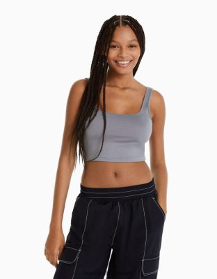 Bershka ženy top so širokými ramienkami tmavo šedá oblečenie B86RXX800 Bershka Rifle