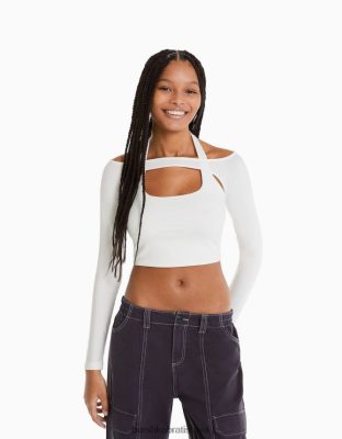 Bershka ženy tričko s dlhým rukávom a detailom goliera biela oblečenie B86RXX538 Bershka Slovakia