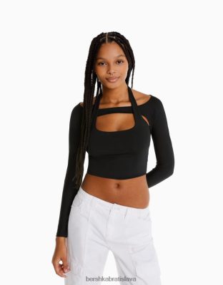 Bershka ženy tričko s dlhým rukávom a detailom goliera čierna oblečenie B86RXX537 Bershka Nohavice