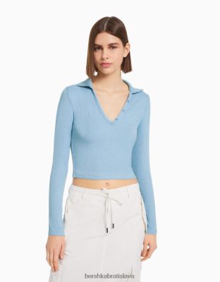 Bershka ženy tričko s dlhým rukávom a golierom na gombíky svetlo modrá oblečenie B86RXX444 Bershka Nohavice