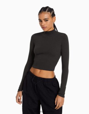 Bershka ženy tričko s dlhým rukávom a vysokým výstrihom tmavo šedá oblečenie B86RXX406 Bershka Slovakia