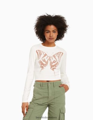 Bershka ženy tričko s dlhým rukávom s potlačou krém oblečenie B86RXX616 Bershka Slovakia