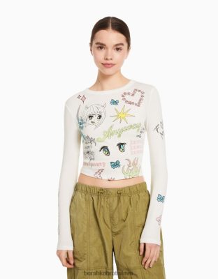 Bershka ženy tričko s dlhým rukávom s potlačou off white oblečenie B86RXX622 Bershka Slovakia