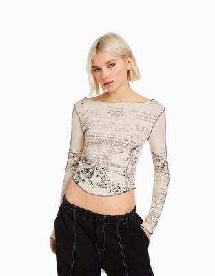 Bershka ženy tričko s dlhým rukávom s potlačou piesku oblečenie B86RXX453 Bershka Nohavice