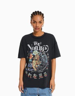 Bershka ženy tričko s krátkym rukávom a potlačou sivá oblečenie B86RXX361 Bershka Slovakia