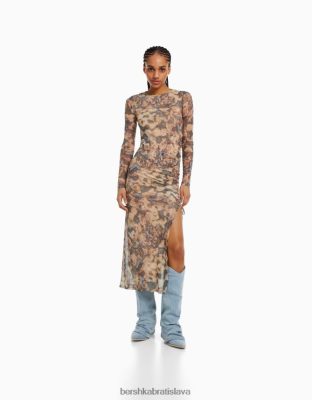 Bershka ženy tylové šaty s dlhým rukávom piesku oblečenie B86RXX248 Bershka Rifle