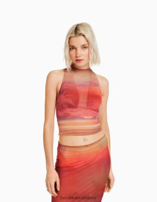 Bershka ženy tylové tričko bez rukávov s potlačou oranžová oblečenie B86RXX302 Bershka Rifle