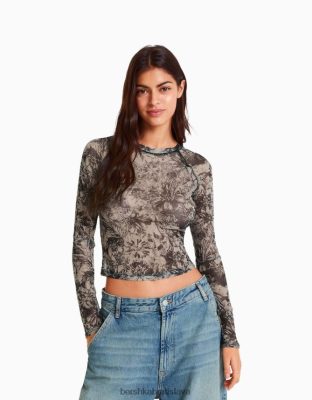 Bershka ženy tylové tričko s dlhým rukávom v štýle raglánových rukávov piesku oblečenie B86RXX427 Bershka Slovakia