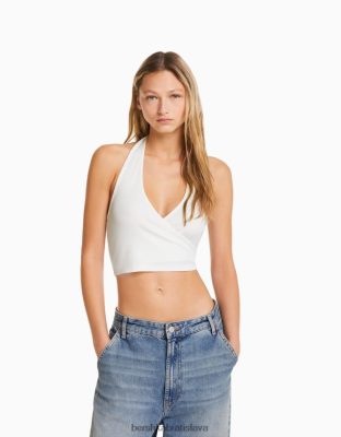 Bershka ženy vrúbkovaný crop top off white oblečenie B86RXX680 Bershka Rifle