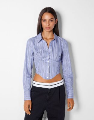 Bershka ženy vypasovaná popelínová korzetová košeľa s dlhými rukávmi svetlo modrá oblečenie B86RXX929 Bershka Rifle