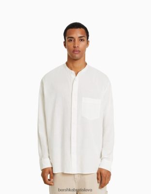 Bershka muži ľanová zmesová košeľa s dlhým rukávom biela oblečenie B86RXX2895 Bershka Nohavice