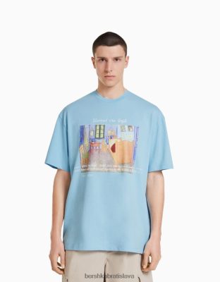 Bershka muži boxy fit tričko s krátkym rukávom s potlačou van Gogh svetlo modrá oblečenie B86RXX2627 Bershka Rifle