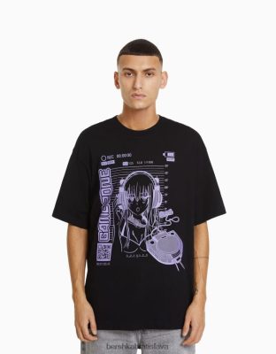 Bershka muži boxy fit tričko s krátkym rukávom z 90. rokov s anime potlačou čierna oblečenie B86RXX2733 Bershka Nohavice