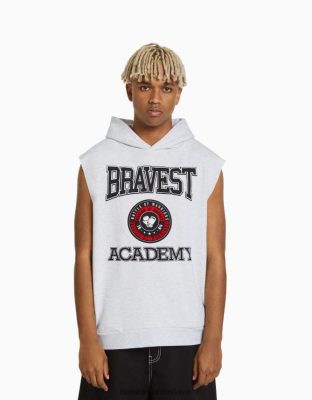 Bershka muži fleecová vesta s kapucňou a boxerskou potlačou sivá oblečenie B86RXX2946 Bershka Nohavice