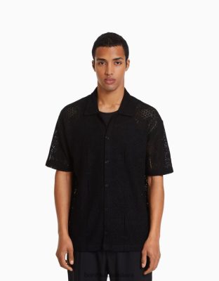 Bershka muži čierna kvetinová háčkovaná košeľa čierna oblečenie B86RXX2922 Bershka Nohavice