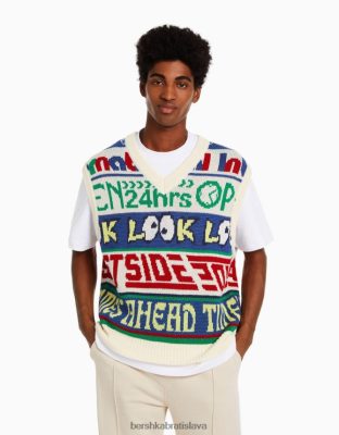 Bershka muži úpletová vesta s výstrihom do V krém oblečenie B86RXX3007 Bershka Slovakia