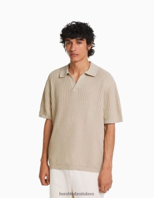 Bershka muži rebrovaný úplet polokošile s krátkym rukávom krém oblečenie B86RXX2801 Bershka Rifle