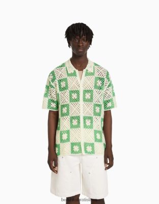 Bershka muži rustikálna háčkovaná košeľa s krátkym rukávom biela oblečenie B86RXX2865 Bershka Nohavice