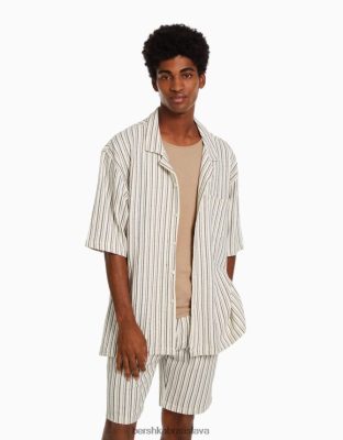 Bershka muži rustikálne pruhované tričko s krátkym rukávom krém oblečenie B86RXX2925 Bershka Nohavice