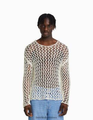 Bershka muži sieťovaný sveter s výstrihom biela oblečenie B86RXX2996 Bershka Rifle