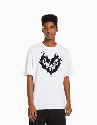 Bershka muži tričko boxy fit s krátkym rukávom s potlačou biela oblečenie B86RXX2610 Bershka Nohavice