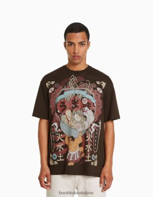 Bershka muži tričko boxy fit s krátkym rukávom s potlačou hnedá oblečenie B86RXX2616 Bershka Nohavice