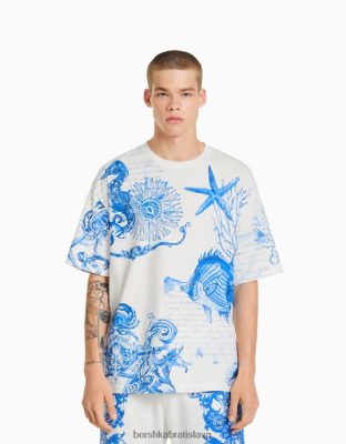 Bershka muži tričko boxy fit s krátkym rukávom s potlačou off white oblečenie B86RXX2696 Bershka Rifle