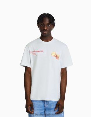 Bershka muži tričko boxy fit s krátkym rukávom s potlačou svetlo modrá oblečenie B86RXX2806 Bershka Slovakia