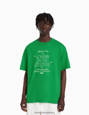 Bershka muži tričko boxy fit s krátkym rukávom s potlačou zelená oblečenie B86RXX2730 Bershka Nohavice