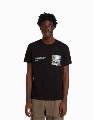 Bershka muži tričko s krátkym rukávom a potlačou čierna oblečenie B86RXX2799 Bershka Nohavice