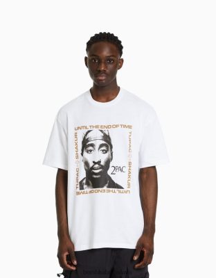 Bershka muži tupac print boxy fit tričko s krátkym rukávom biela oblečenie B86RXX2724 Bershka Nohavice