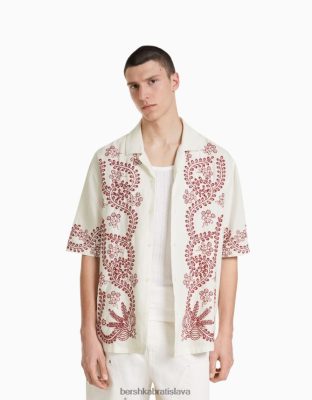 Bershka muži vyšívaná košeľa s krátkym rukávom s ľanom off white oblečenie B86RXX2858 Bershka Rifle