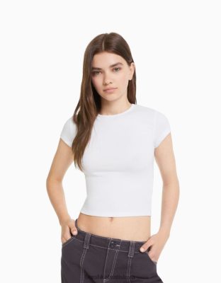 Bershka unisex rebrované tričko s krátkym rukávom off white oblečenie B86RXX3717 Bershka Nohavice