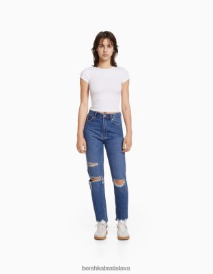 Bershka unisex roztrhané mom džínsy modrá oblečenie B86RXX3951 Bershka Nohavice